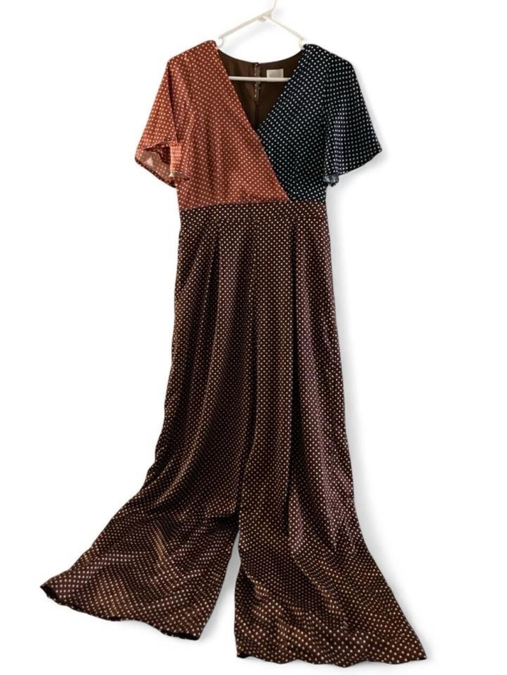 Polka Dot Colorblock Wide-Leg Jumpsuit - Brown/Black